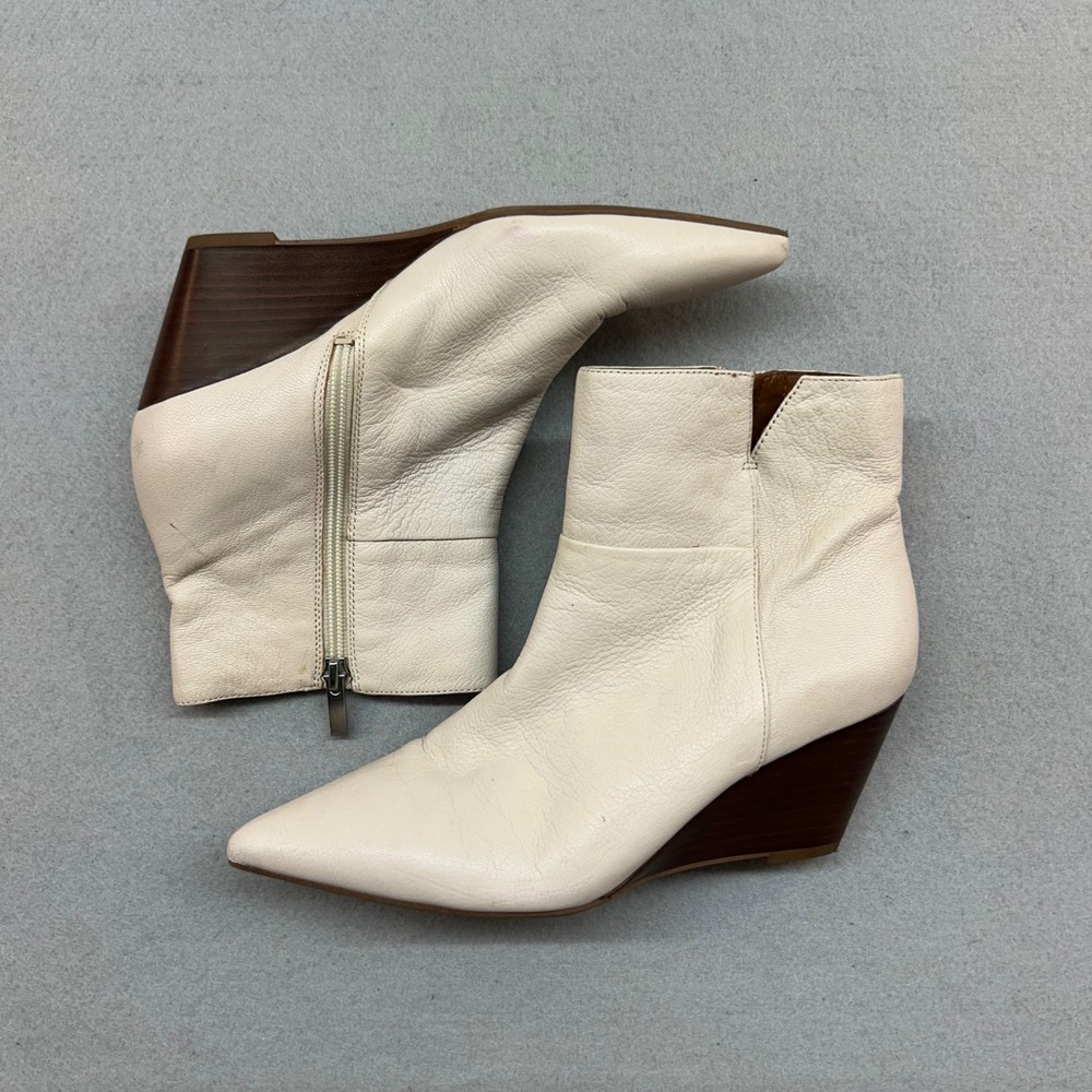 Franco Sarto Amsterdam Cream Leather Pointed Toe Wedge Ankle Boots Womens 8M